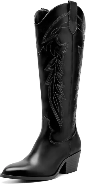 Yawors Westen Cowgirl Boots for Women Pointed Toe Knee High Tall Embroidered Cowboy Boots with Zipper Classic Block Heel for Girls Ladies Fall Winter