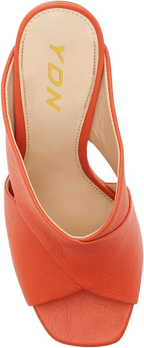 YDN Women Comfortable Chic Peep Toe Criss Cross Mule Sandals Stud Rivets Chunky Block High Heels Wedding Party Fashion Shoes