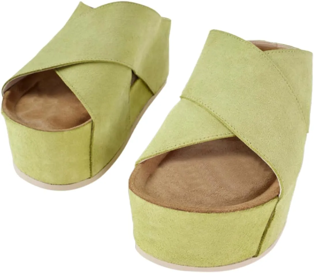 YDN Women Cross Strap Mules Platform Slippers Chunky Mid Heels Open Round Toe Slip On Shoes Indoor Club Size 4-16 US