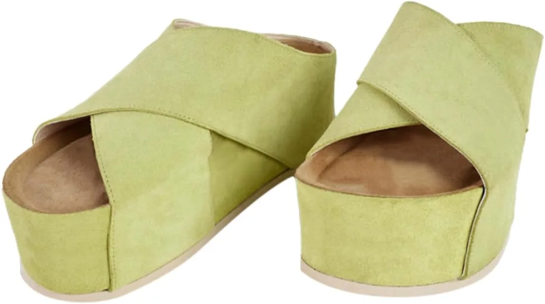 YDN Women Cross Strap Mules Platform Slippers Chunky Mid Heels Open Round Toe Slip On Shoes Indoor Club Size 4-16 US
