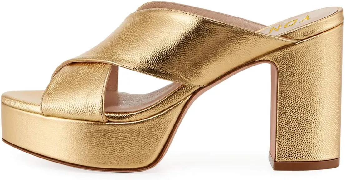 YDN Women Cross Strap Peep Toe Platform Chunky Block Heel Mules Pumps Slide Sandals Size 4-15 US