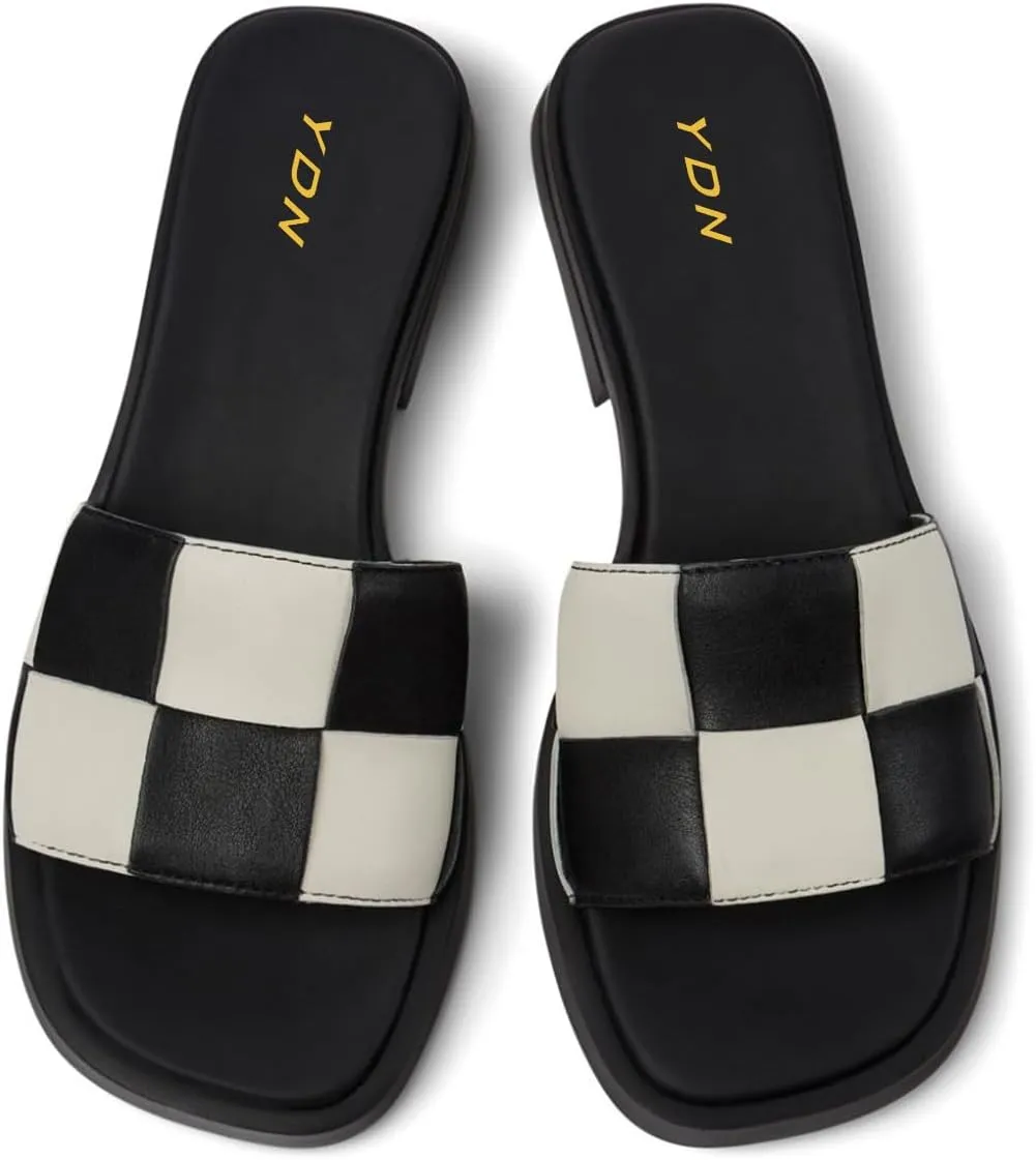 YDN Women Open Square Toe Slip On Slides Sandals Checkered Block Low Heel Slippers Party Ballroom Walking Shoes Size 4-16 US