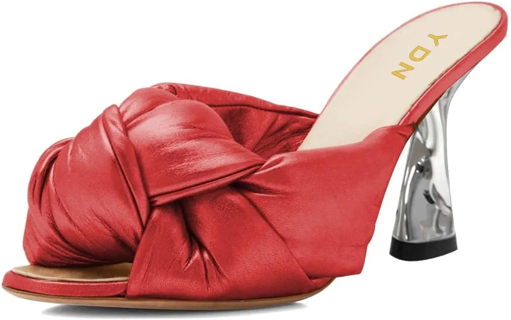 YDN Women Peep Toe Soft Cushion Knot Mules Slip on Metal High Heels Dressy Outdoor Party Slipper Shoes Size 4-15 US