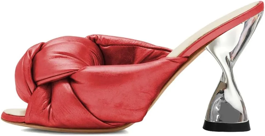 YDN Women Peep Toe Soft Cushion Knot Mules Slip on Metal High Heels Dressy Outdoor Party Slipper Shoes Size 4-15 US