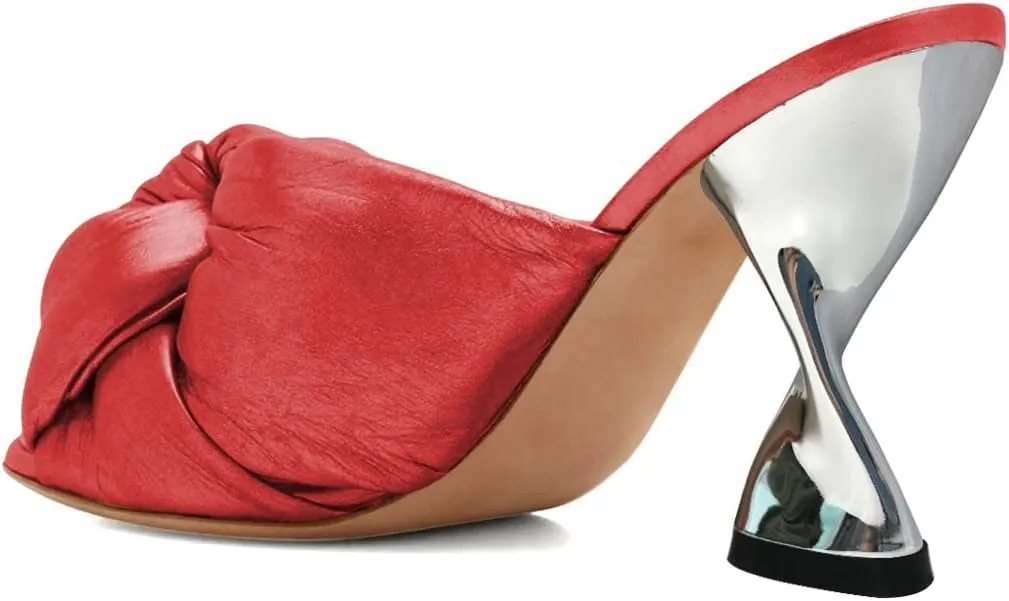 YDN Women Peep Toe Soft Cushion Knot Mules Slip on Metal High Heels Dressy Outdoor Party Slipper Shoes Size 4-15 US