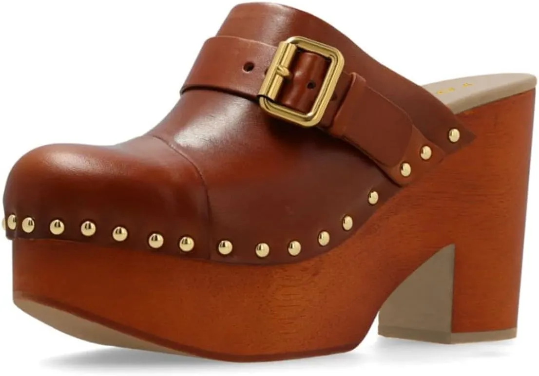 YDN Women's Chic Platform Closed Round Toe Mules Rivet Studded Chunky Block Heels Buckled Strap Slip On Sandals Daily Outfit Dress Slide Shoe Size 4-16 US