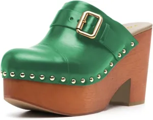 YDN Women's Chic Platform Closed Round Toe Mules Rivet Studded Chunky Block Heels Buckled Strap Slip On Sandals Daily Outfit Dress Slide Shoe Size 4-16 US