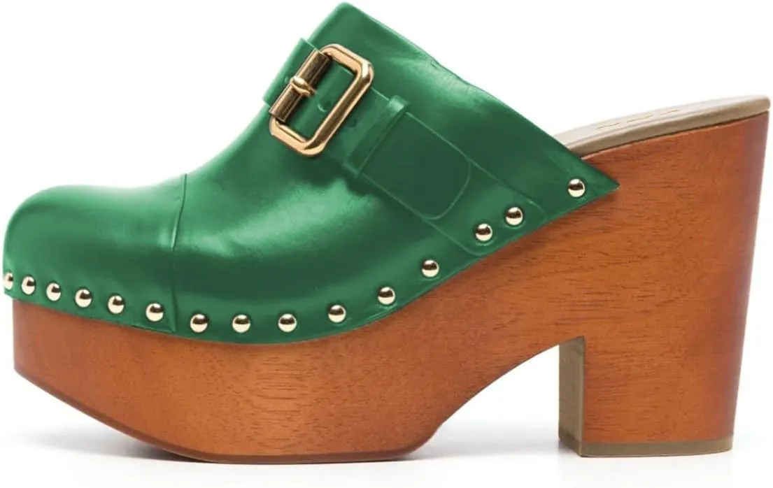 YDN Women's Chic Platform Closed Round Toe Mules Rivet Studded Chunky Block Heels Buckled Strap Slip On Sandals Daily Outfit Dress Slide Shoe Size 4-16 US