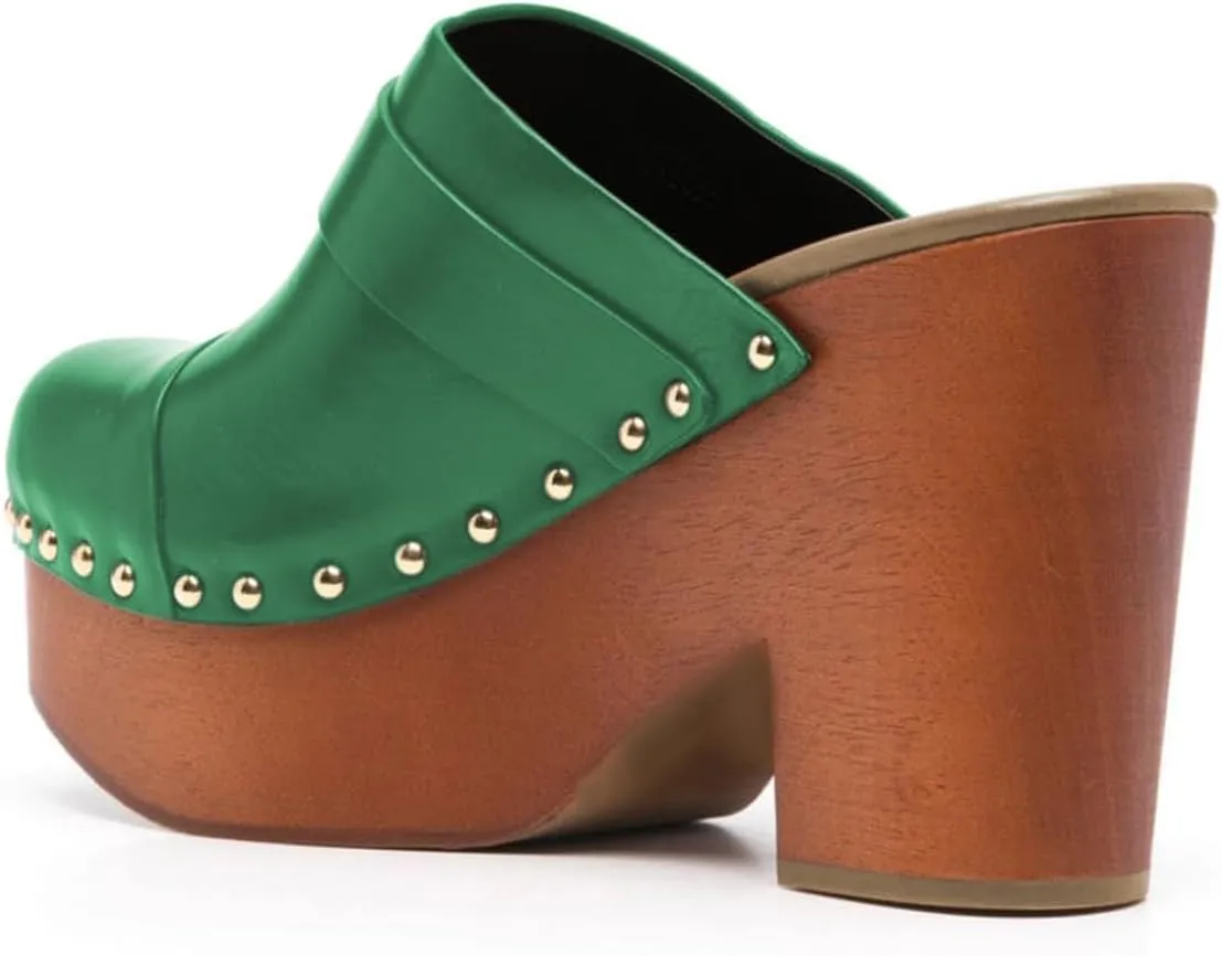 YDN Women's Chic Platform Closed Round Toe Mules Rivet Studded Chunky Block Heels Buckled Strap Slip On Sandals Daily Outfit Dress Slide Shoe Size 4-16 US