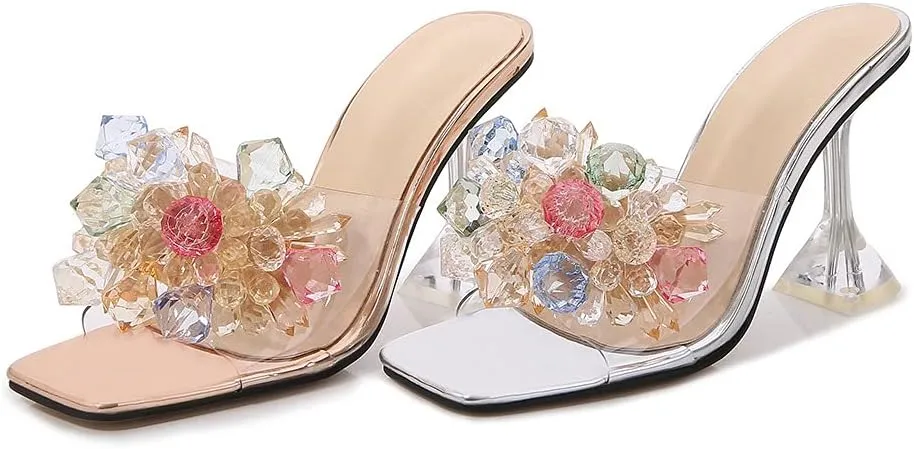 YIYA Clear Transparent Colorful Heeled Sandals for Women Open Square Toe Stiletto Mules Backless Slip on Jeweled Slide Heels Slipper Dress Shoes