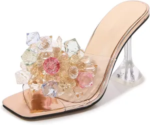 YIYA Clear Transparent Colorful Heeled Sandals for Women Open Square Toe Stiletto Mules Backless Slip on Jeweled Slide Heels Slipper Dress Shoes