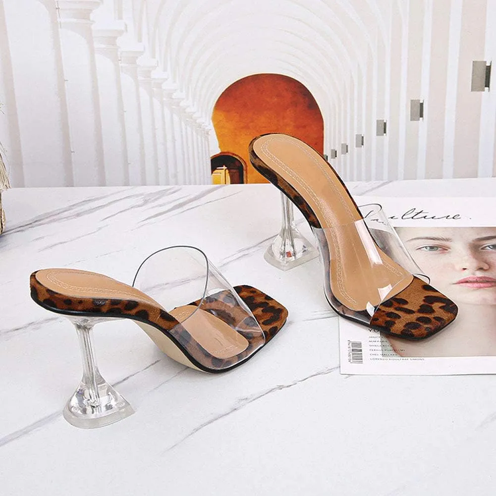 YIYA Clear Transparent Colorful Heeled Sandals for Women Open Square Toe Stiletto Mules Backless Slip on Jeweled Slide Heels Slipper Dress Shoes