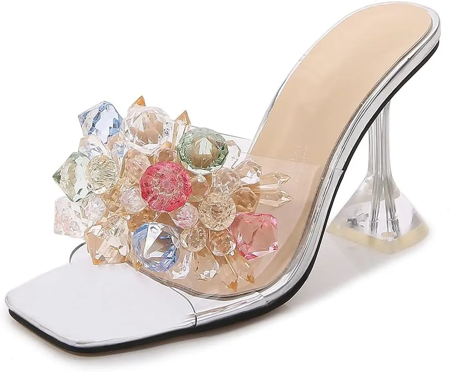 YIYA Clear Transparent Colorful Heeled Sandals for Women Open Square Toe Stiletto Mules Backless Slip on Jeweled Slide Heels Slipper Dress Shoes