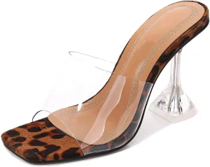 YIYA Clear Transparent Colorful Heeled Sandals for Women Open Square Toe Stiletto Mules Backless Slip on Jeweled Slide Heels Slipper Dress Shoes