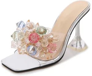 YIYA Clear Transparent Colorful Heeled Sandals for Women Open Square Toe Stiletto Mules Backless Slip on Jeweled Slide Heels Slipper Dress Shoes