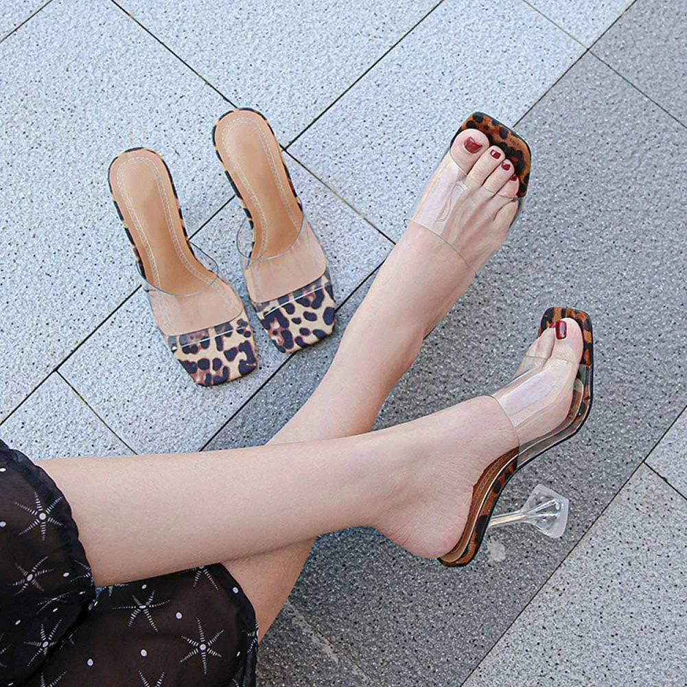 YIYA Clear Transparent Colorful Heeled Sandals for Women Open Square Toe Stiletto Mules Backless Slip on Jeweled Slide Heels Slipper Dress Shoes