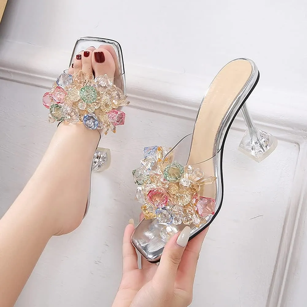 YIYA Clear Transparent Colorful Heeled Sandals for Women Open Square Toe Stiletto Mules Backless Slip on Jeweled Slide Heels Slipper Dress Shoes