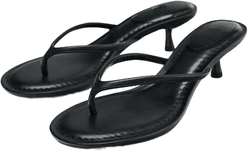 YIYA Women's Kitten Heels Flip Flops Thong Sandals Open Round Toe Comfortable Low Heels Backless Slippers Slip On Slide Spring Summer Beach Dress Shoes