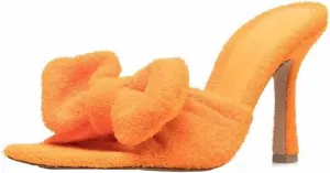 YIYA Women's Open Toe Heeled Mules with Bow Slip On Stiletto Heels Stretch Towel Bow Knotted Sandals