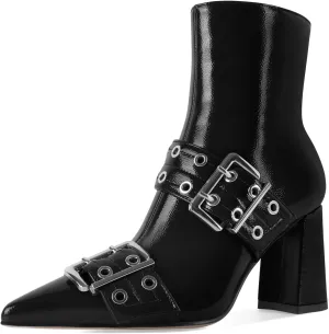 YODEKS Ankle Boots For Women Short Boots Pointed Toe Chunky High Heel Boots Metal Buckle Studded Boots