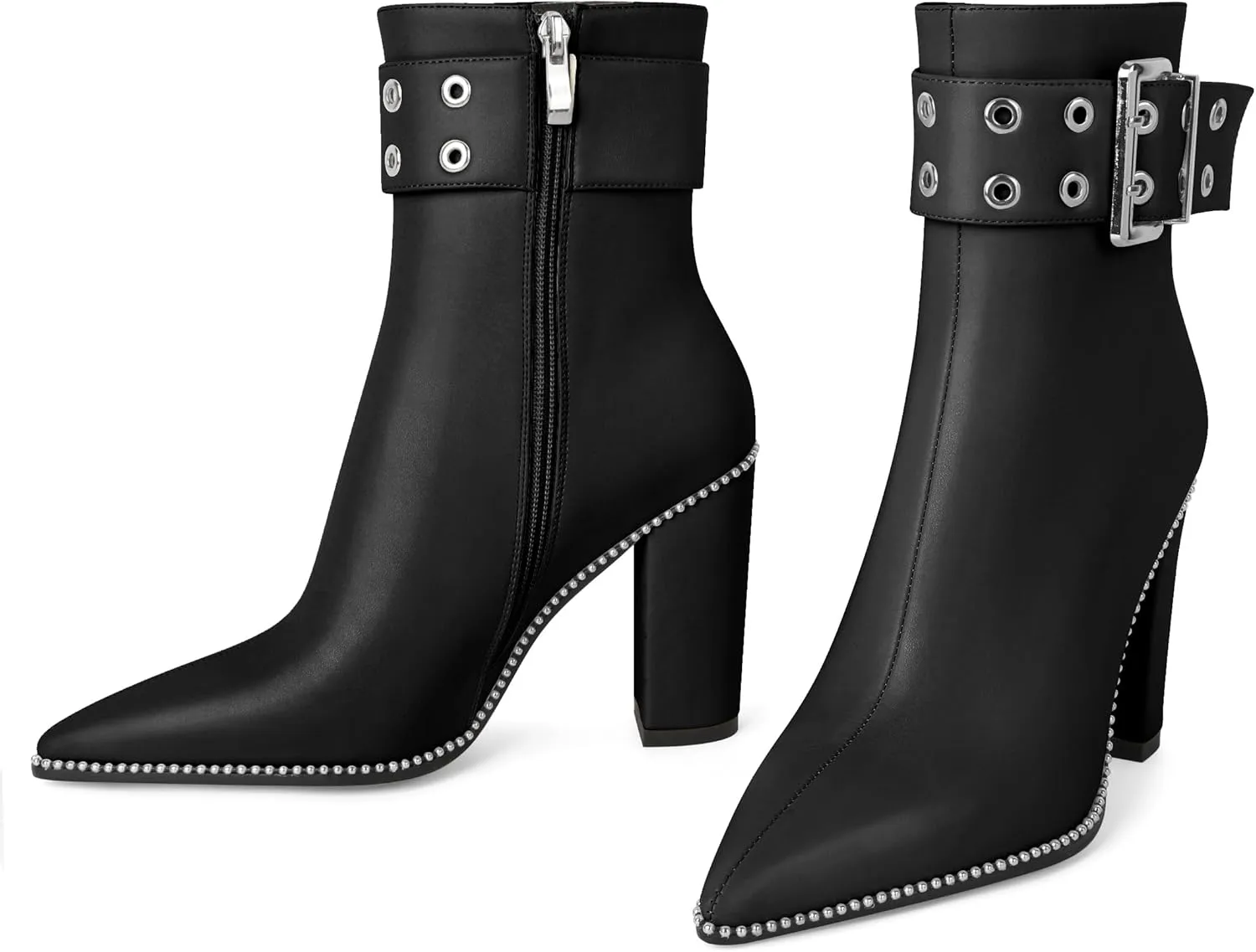 YODEKS Womens Ankle Boots 3.7 Inch Heel Chunky Boots Beaded Eyelets Buckle Strap Side Zipper Boots
