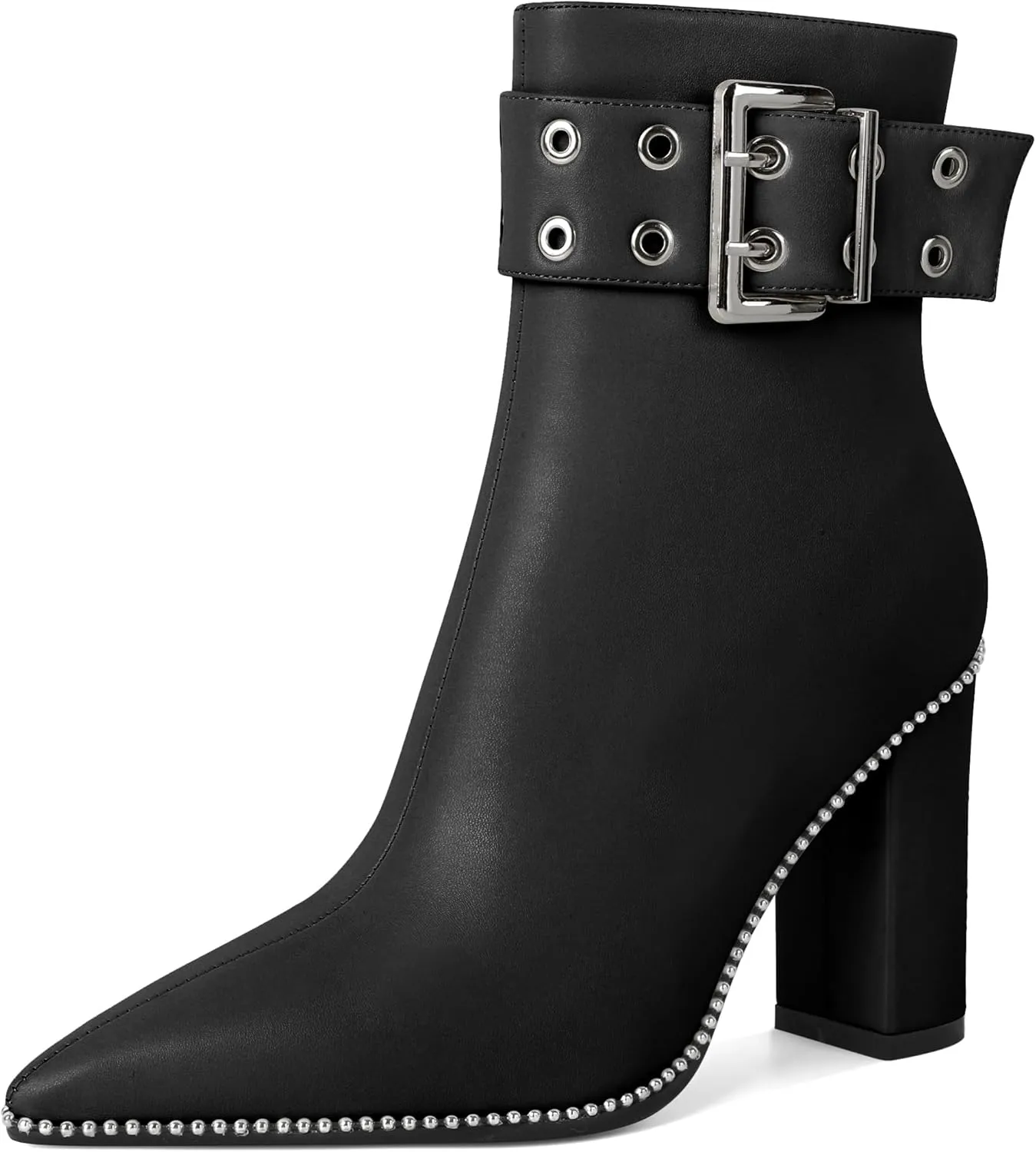 YODEKS Womens Ankle Boots 3.7 Inch Heel Chunky Boots Beaded Eyelets Buckle Strap Side Zipper Boots