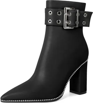 YODEKS Womens Ankle Boots 3.7 Inch Heel Chunky Boots Beaded Eyelets Buckle Strap Side Zipper Boots