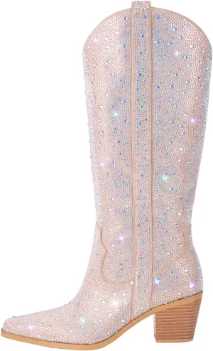 Yolkomo Cowboy Boots For Women Wide Calf Glitter Rhinestone Cowgirl Boots