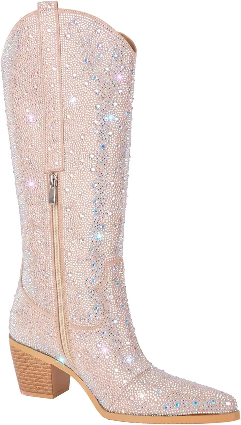 Yolkomo Cowboy Boots For Women Wide Calf Glitter Rhinestone Cowgirl Boots