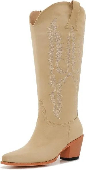 ZXHYZLZ Cowboy Boots For Women Wide Calf Knee High Tall Western Style Comfortable Ladies Plus Size Cowgirl Boots Chunky Heel